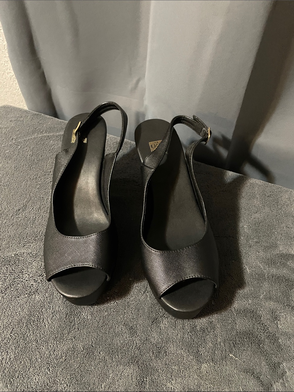 Black Peep-Toe Slingback Wedge Heels
